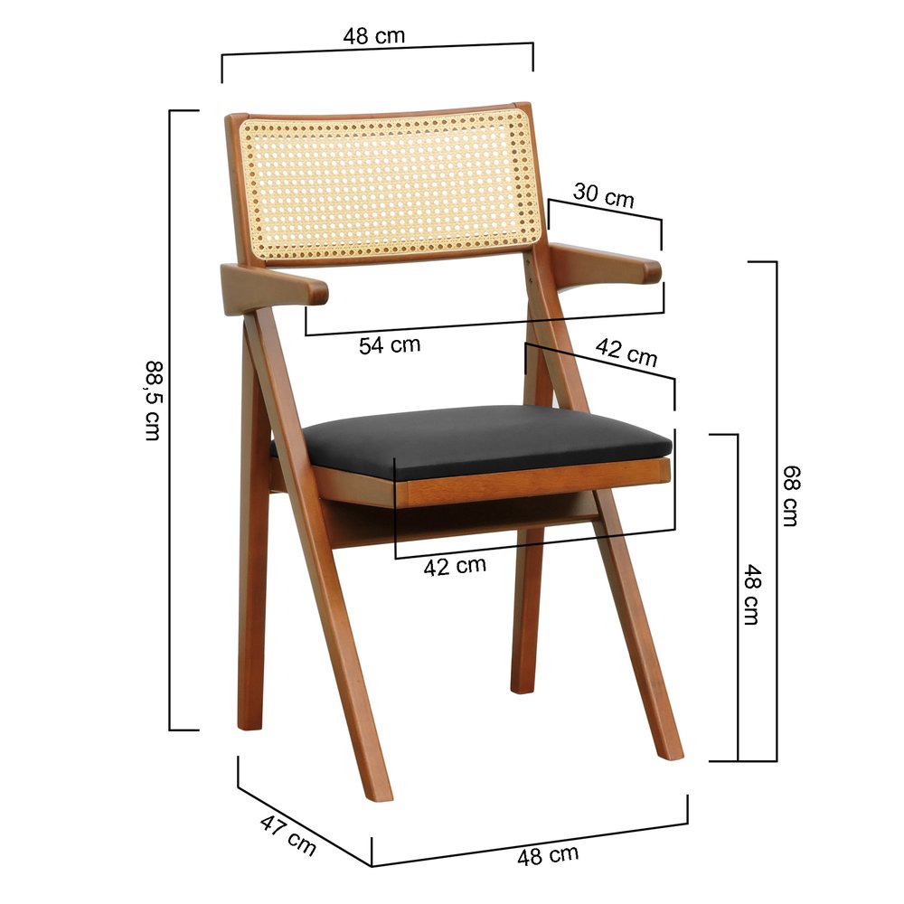 cadeira ype amendoa com bracos corano preto 2 dimensoes