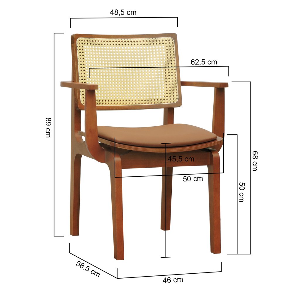 cadeira gus com bracos amendoa corano caramelo 2 dimensoes