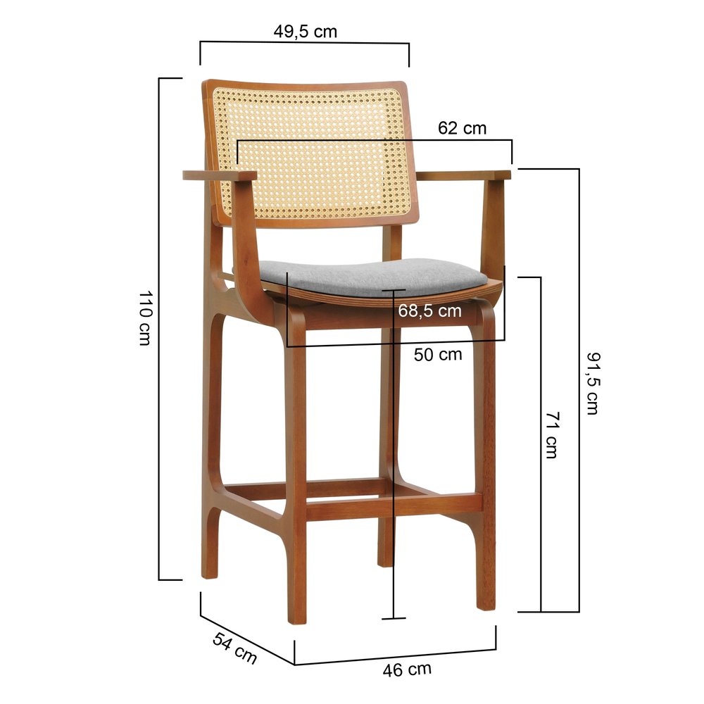 banqueta alta bistro gus com bracos amendoa linho cinza m impermeavel 2 dimensoes