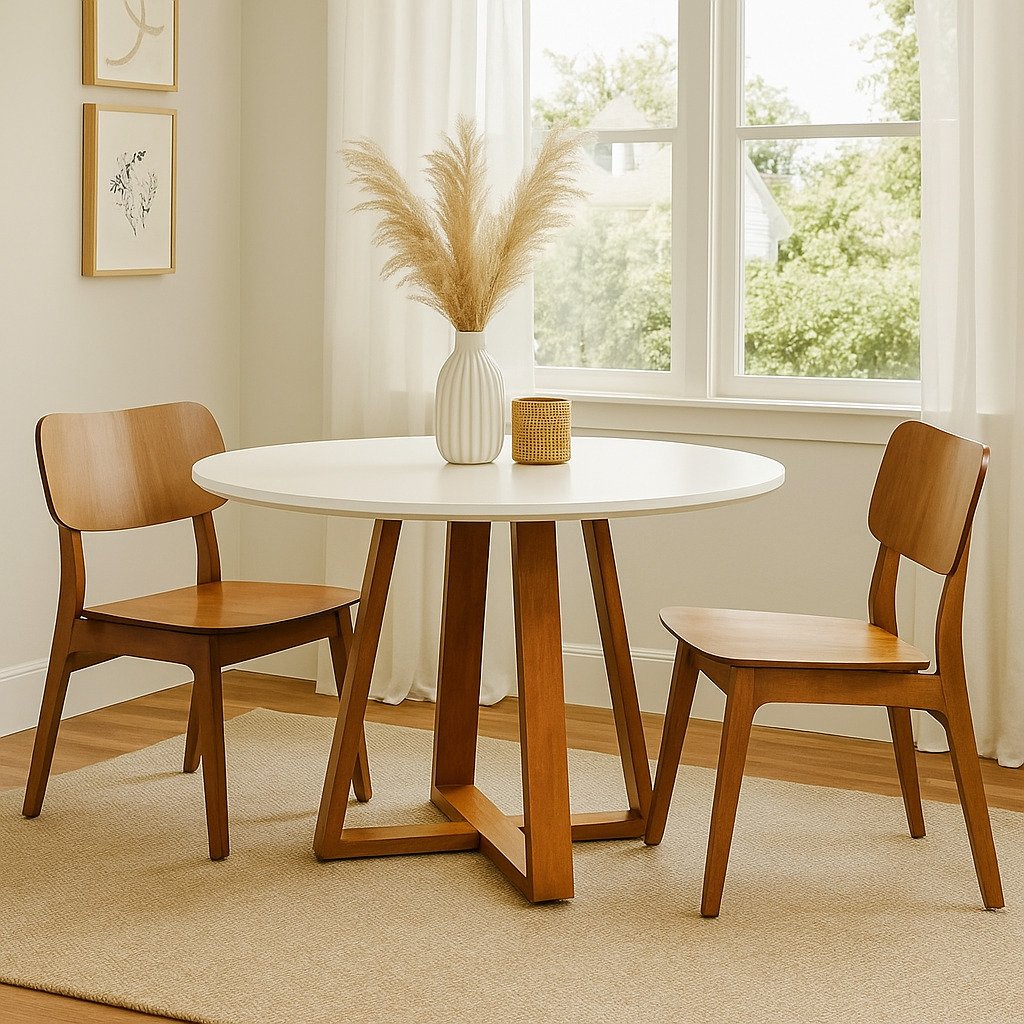 mesa branca com duas cadeiras de madeira