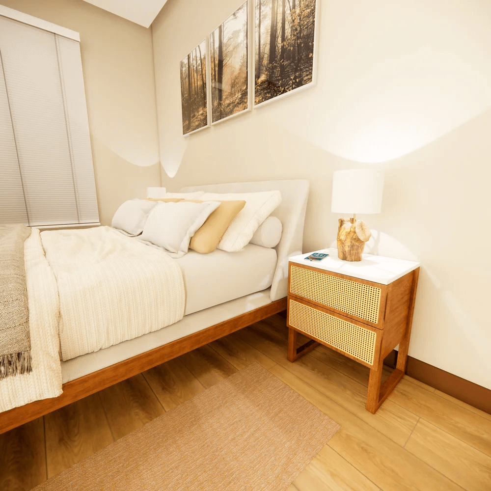 mesa de cabeceira branca no quarto