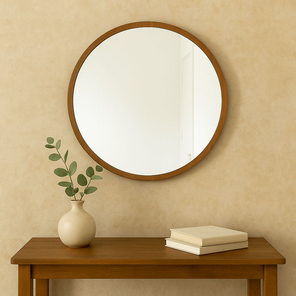 espelho redondo pendurado na sala