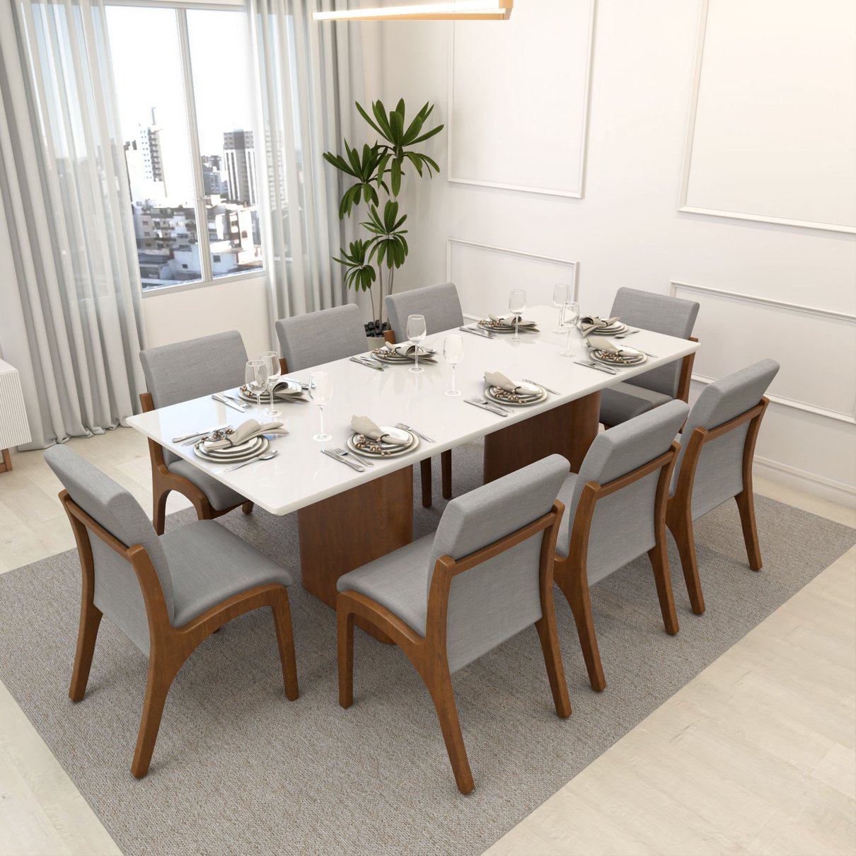 mesa de jantar toscana 220 de vidro 8 cadeiras tulipa lcmi 2