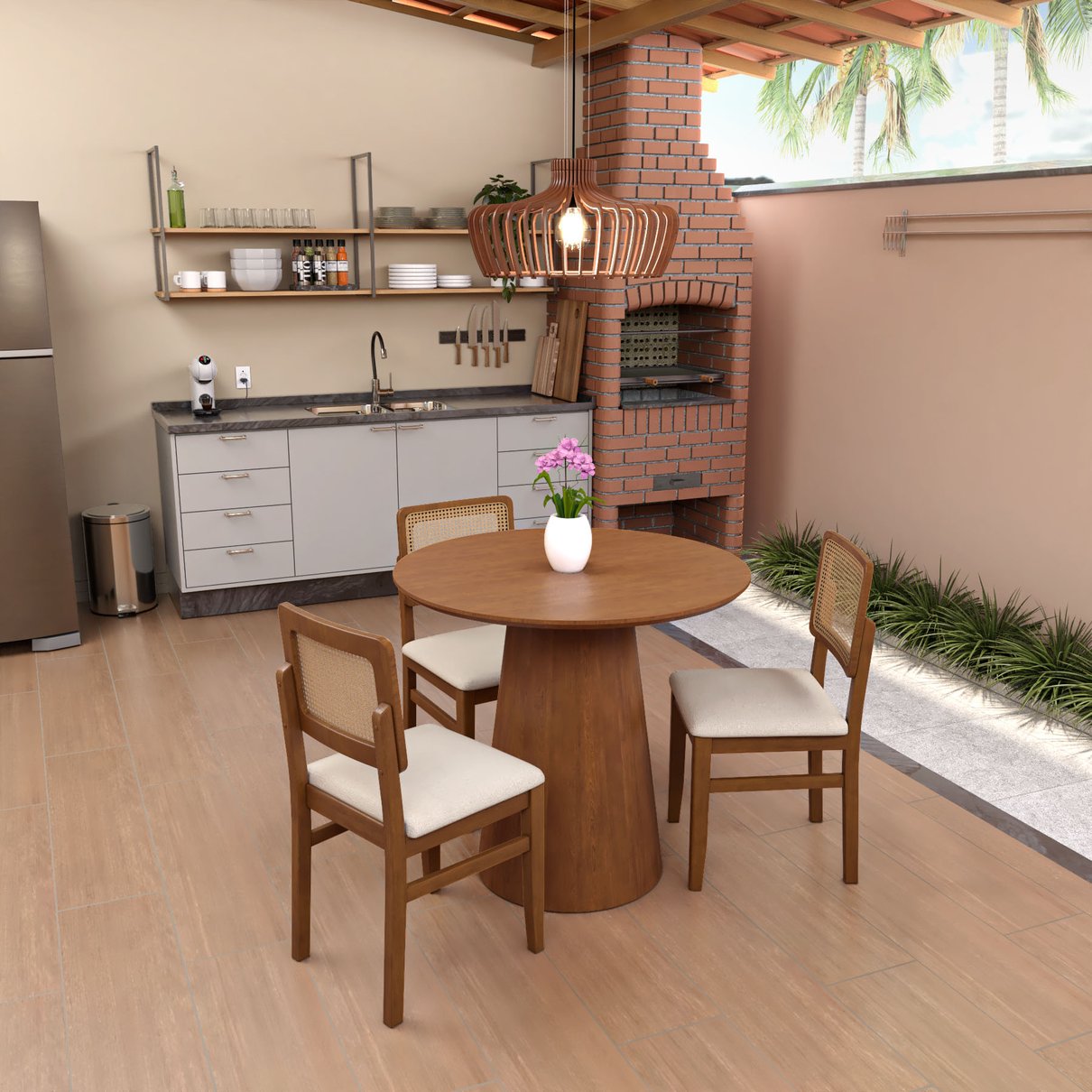 mesa cone 90 e 3 cadeiras lyon telinha amendoa lb