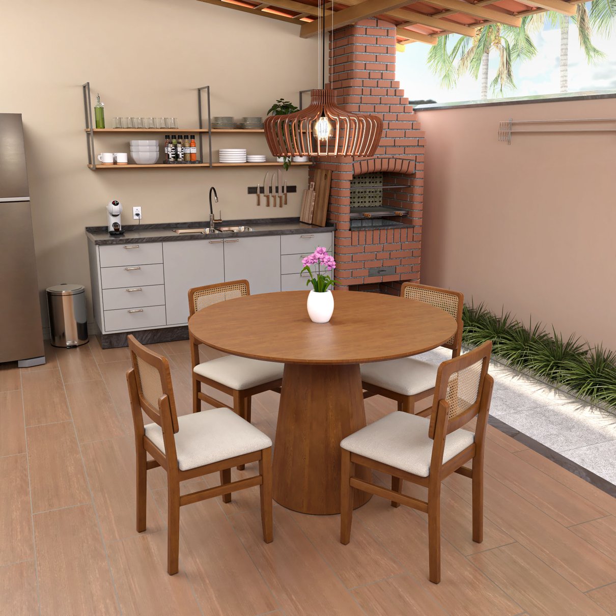 mesa cone 120 e 4 cadeiras lyon telinha amendoa lb