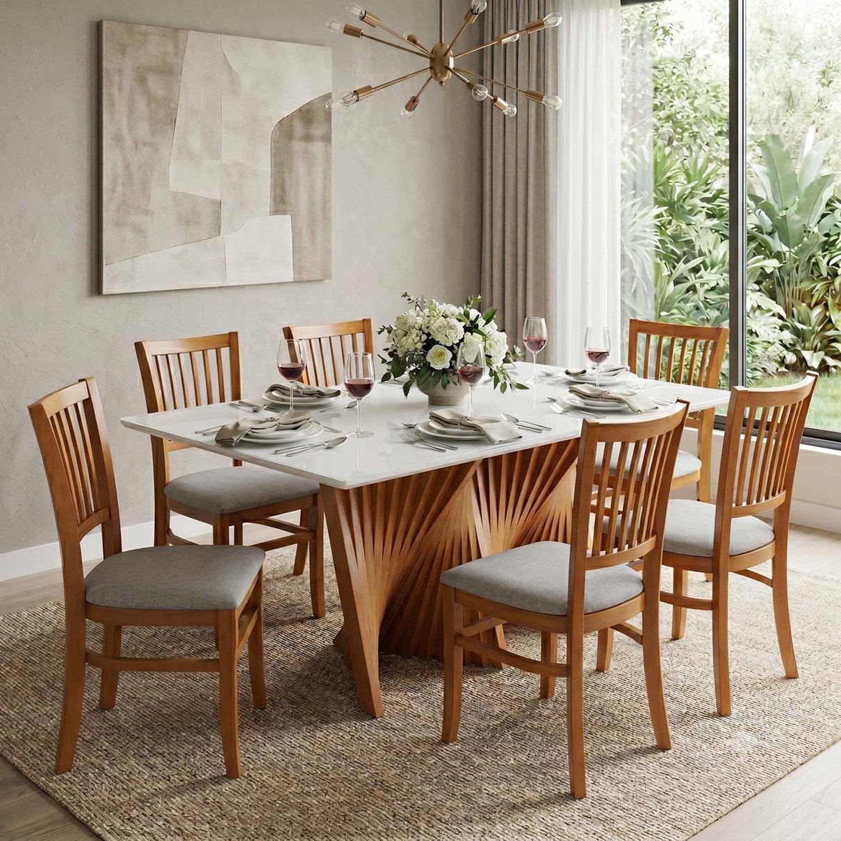 mesa de jantar dubai tampo retangular 160x90cm brancovidro off white cadeiras madri lcmi